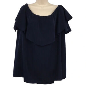 MLM Blouse‎ Womens Small Navy Off The Shoulder Short Sleeve Top Silky Ruffle